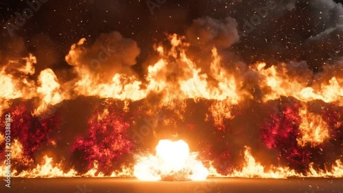 Dramatic wildfire, intense flames, burning trees, nighttime forest fire, disaster scene