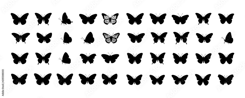 Fototapeta premium Butterfly Silhouettes Mega Collection with Beautiful Black Monarch and Decorative Flying Butterflies Shapes Set