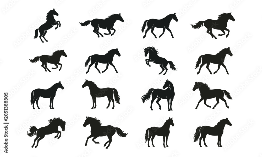 Fototapeta premium Horse Silhouettes Collection with Wild Stallion Mustang and Majestic Mare Poses Standing Running and Rearing Set