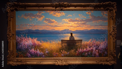 Classic Museum Exhibition Showcasing Tranquil Sunset Landscape Artwork with Emotional Storytelling Appeal