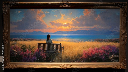 Classic Museum Exhibition Showcasing Tranquil Sunset Landscape Artwork with Emotional Storytelling Appeal