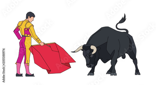 Obraz na plátně Man in yellow and pink outfit with bull.