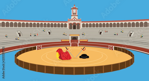 Foto Bullfighter and bull in arena.