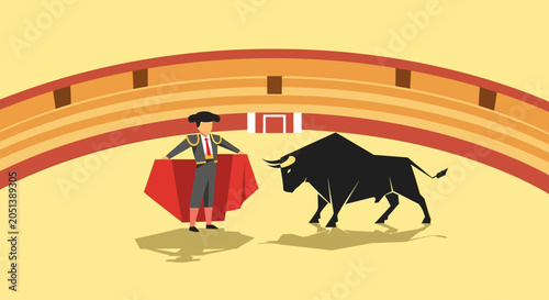 Man with red cape and bull.