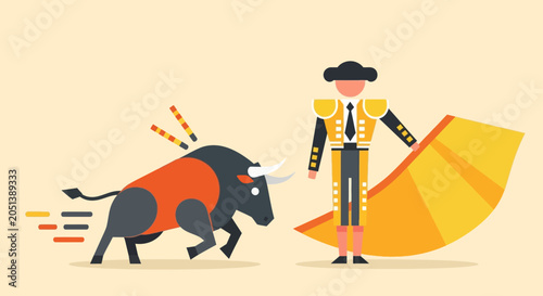Foto Man with cape and angry bull.