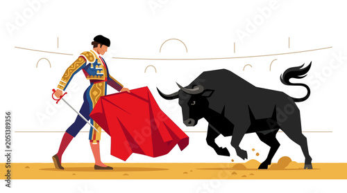 Man in costume with red cape bull.