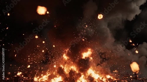Dramatic fire flames, burning embers, smoke at night, blazing inferno, fiery sparks