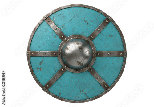 Circular viking shield with a distressed turquoise painted surface and reinforced steel metal cross bracing isolated on a transparent background