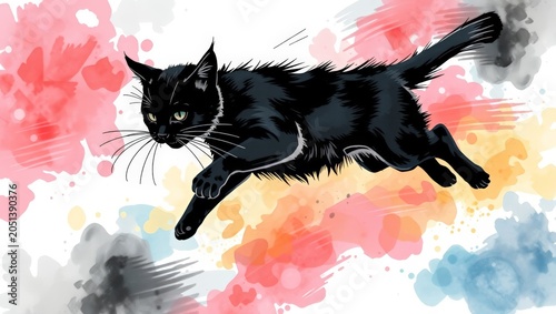 Fluffy Black Cat Pouncing through Colorful Paint Explosion