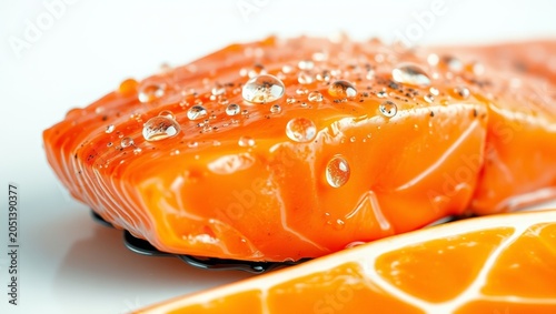 Salmon Fillet with Water Drops Macro Photography Close Up