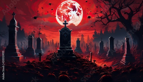 a gothic cemetery overrun by black beetles crawling over ancient gravestones under a blood red moon