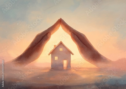 Hands protecting a house in a serene and dreamy landscape, International Family Day, hands forming a house