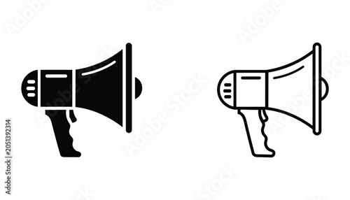 Cuadro en lienzo Set of two megaphone icons, black silhouette and line art style vector illustrat