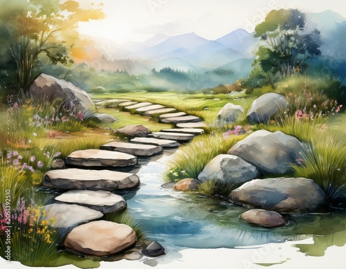 watercolor landscape stepping stones serene watercolor painting of landscape with stones