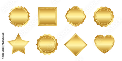 Luxury gold emblem set with elegant badge templates in various shapes. Premium metallic vector collection.