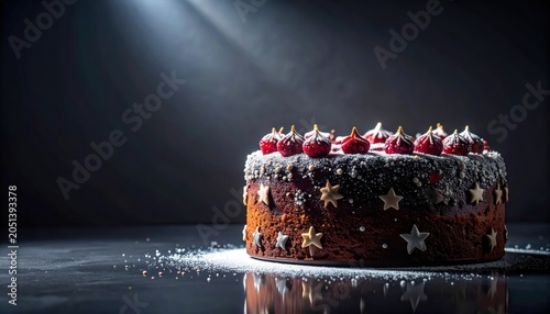 Decadent holiday cake adorned with spun sugar stars and silver dust, illuminated by dramatic spotlighting