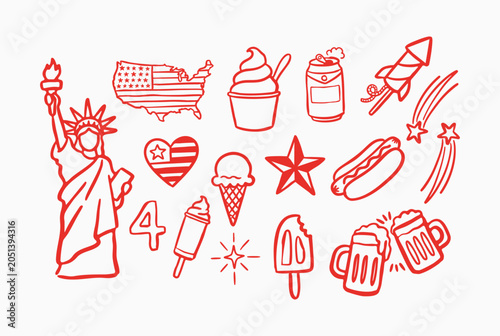 Hand drawn 4th of July, Independence Day icon collection with statue of liberty, us map, firework, star, beer mugs, rocket and hot dog vector illustration