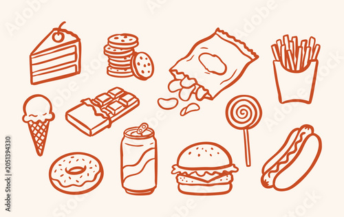 Hand drawn junk food and snacks icon collection with burger, fries, hot dog, potato chips, chocolate bar, cookies and soda can vector illustration
