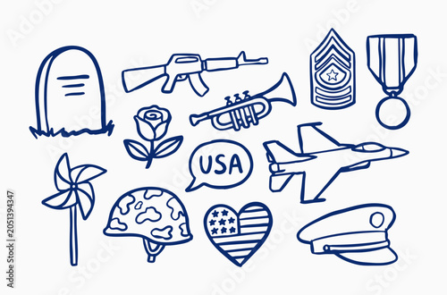 Hand drawn remembrance day, armed forces icon collection with fighter jet, military cap, helmet, badge, rifle, gravestone and rose flower vector illustration