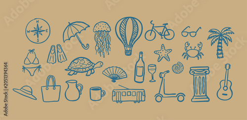 Hand drawn travel, summer vacation and holiday icon collection with hot air balloon, compass, sea turtle, jellyfish, tram, wine, bicycle and palm tree vector illustration