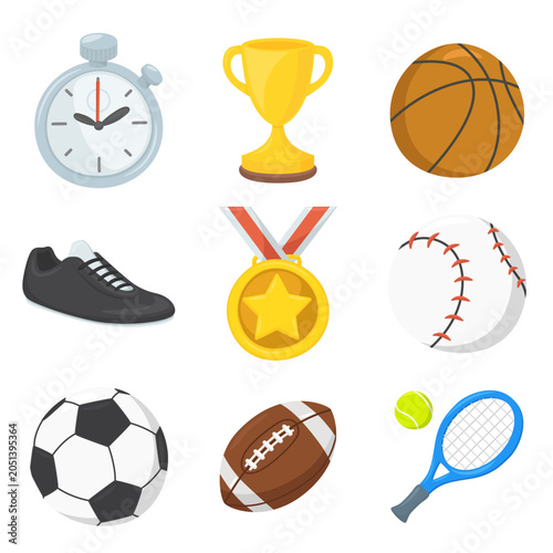 Sports gear icons including a football basketball baseball soccer ball tennis racket and trophies