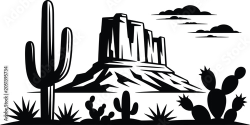 Tableau sur toile Desert landscape with saguaro cactus and monument valley mountains silhouette for western adventure