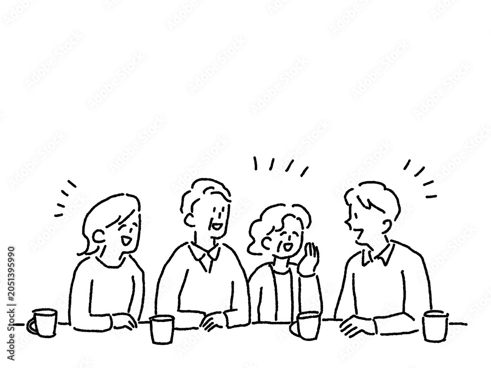Fototapeta premium 笑顔で会話をする高齢夫婦と家族、介護や老後相談のイメージイラスト、線画