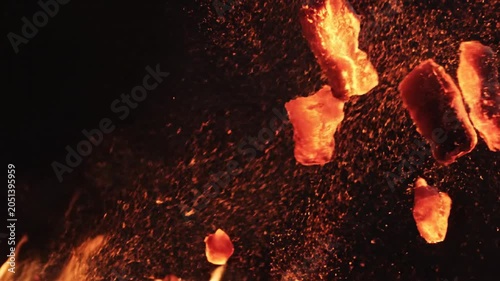 Glowing embers, burning coals, fiery sparks, dark background