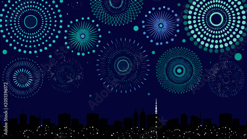 Fotografía Fireworks display vector illustration with a city skyline silhouette and dark bl