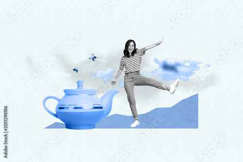 Tableau sur toile Full zine trendy photo collage of happy girl guy stand herbal hot tea beverage b
