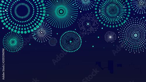 Schilderij op canvas Fireworks display vector illustration with radial bursts and teal colored dot pa