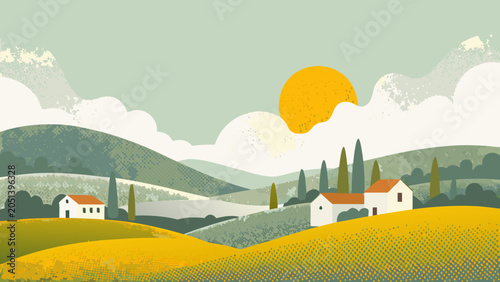 Photos Rolling hills landscape illustration with houses sun and stylized clouds in mute