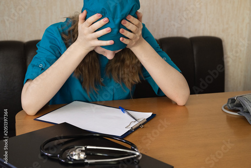 Burnout, doctor with phone call and medical paperwork, stress and administration anxiety, multitasking and overwhelmed in healthcare. Overworked, mental health with coworkers and time management fail