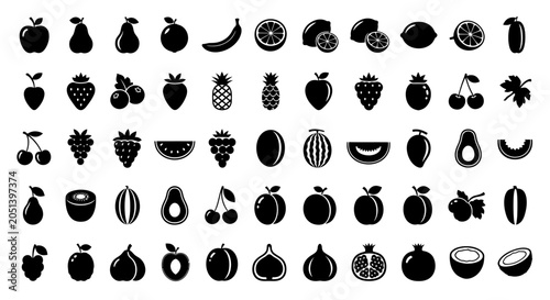 Fotografi Collection Of Black Fruit And Vegetable Silhouettes On White Background