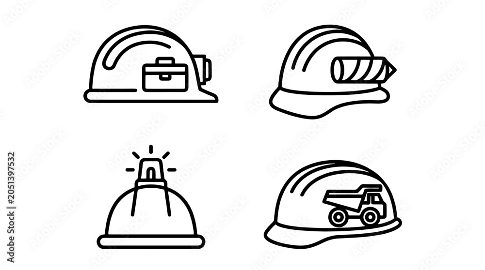 Fototapeta premium Outline safety helmet icons with mining and construction symbols