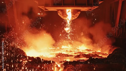 Molten metal pouring, industrial furnace, fiery sparks, smelting process, foundry production