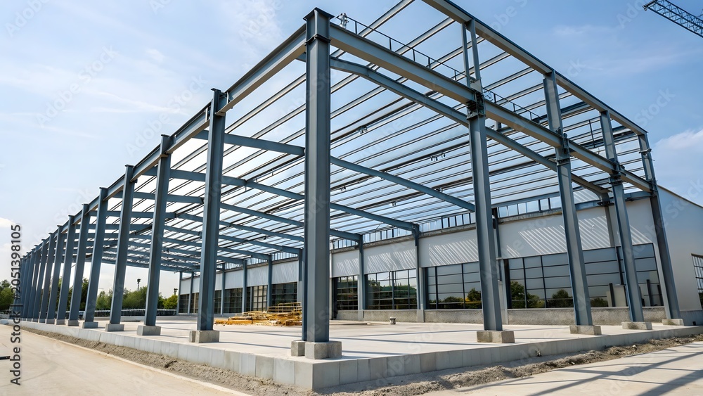 Naklejka premium Steel frame structure of a modern industrial building under construction