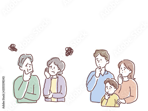 高齢の夫婦を心配する家族、老後や介護について悩むイメージイラスト
