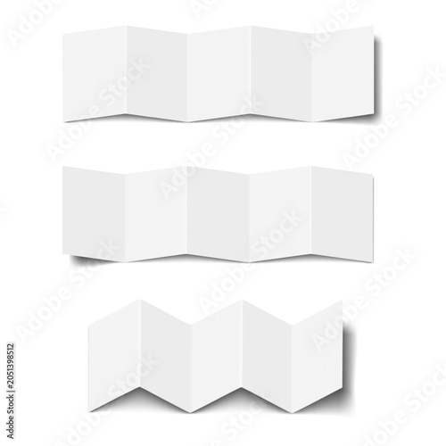 White blank open five-panel penta-fold brochure. Vector mockup. Square accordion zig-zag foldable leaflet, flyer, booklet. Mock-up. Concertina fold 1 row Z card front, back side. Template