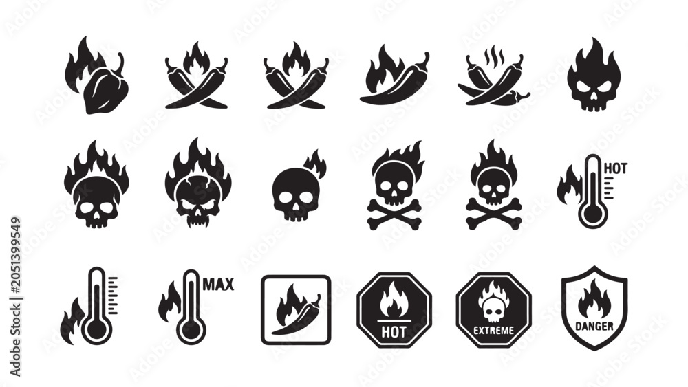 Fototapeta premium Spicy Food and Hot Sauce Level Icon Set