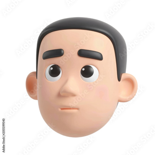 This is a 3D animated model of a male character head with a neutral or puzzled expression