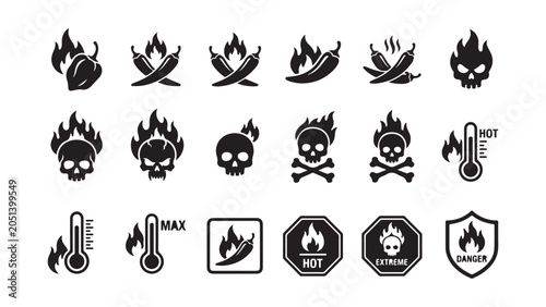 Spicy Food and Hot Sauce Level Icon Set