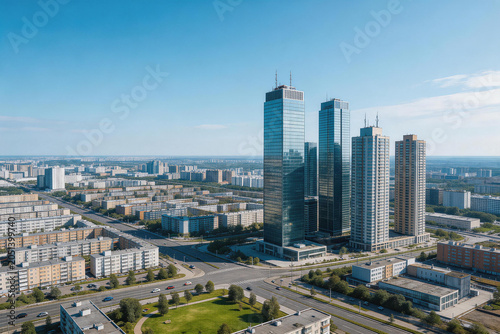 Aerial view of modern city intersection with high-rise offices and residential buildings under clear blue sky