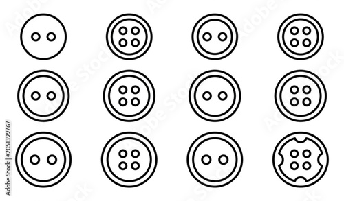 Foto Outline Sewing Button Icons Set with Classic Round Two Hole and Four Hole Fasten