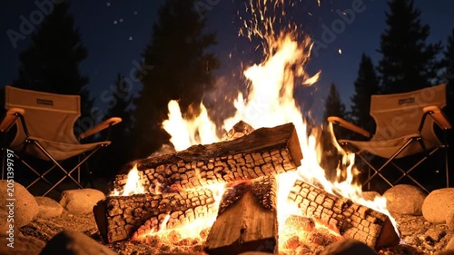 Campsite, campfire, night, forest, outdoor, recreation, leisure, fire, wood, burning, flames, chairs, relaxation, adventure