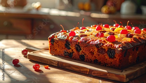 Delicious fruitcake studded with glistening candied cherries and plump sultanas, ready for holiday celebrations