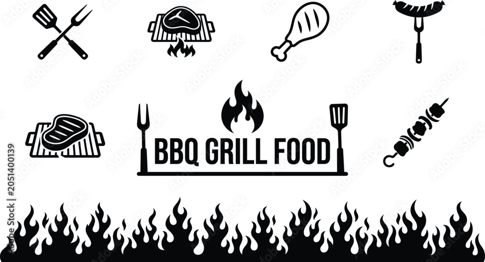 Fototapeta premium Bbq grill food icons set with steak, chicken leg, sausage and skewers