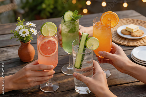 Hands holding refreshing citrus and cucumber cocktails in a casual outdoor setting