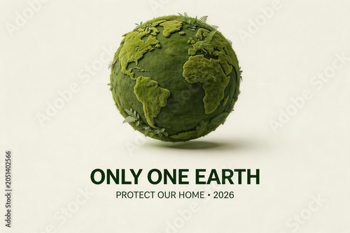 Green Earth Globe Made of Moss with Environmental Protection Message 2026
