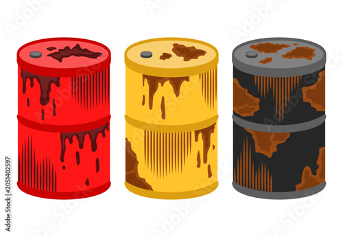 Rusty Industrial Oil Drums Set Illustration Isolated on White Background